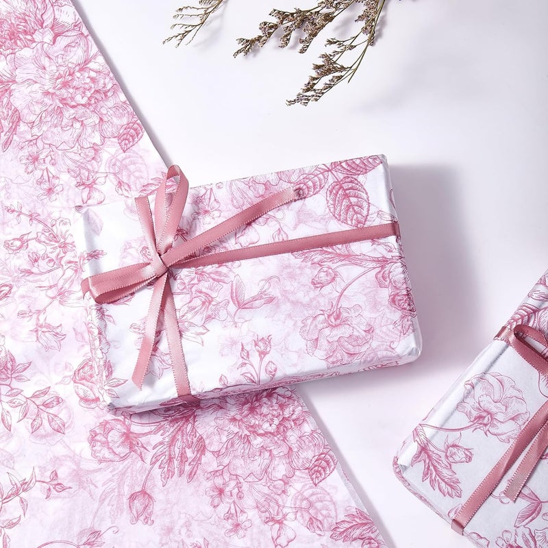 EROMAP 120 Sheets Pink Floral Tissue Paper Chinoiserie Gift Wrapping Paper Vintage Pink White Flowers Packaging Patterned Bulk for Baby Shower Wedding Birthday Party Decor, 14 x 20 Inch - Image 3
